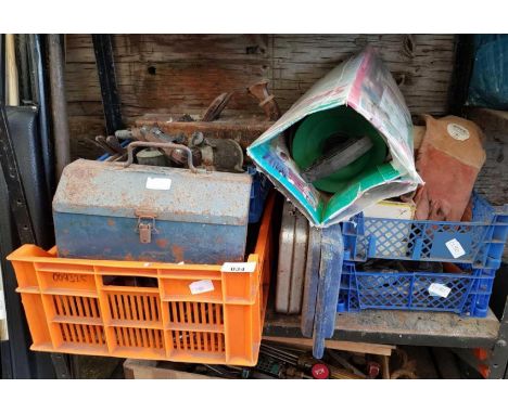 Collection of tools including wooden planes, blow torches, garden sprayer, socket sets etc