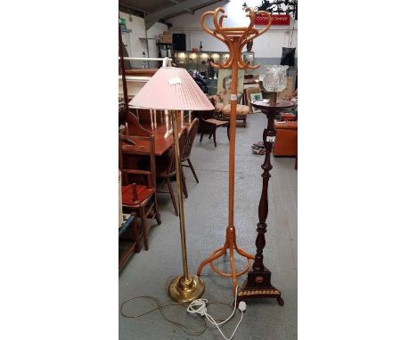 Beech coat/hat stand along with brass effect standard lamp &amp; another standard lamp