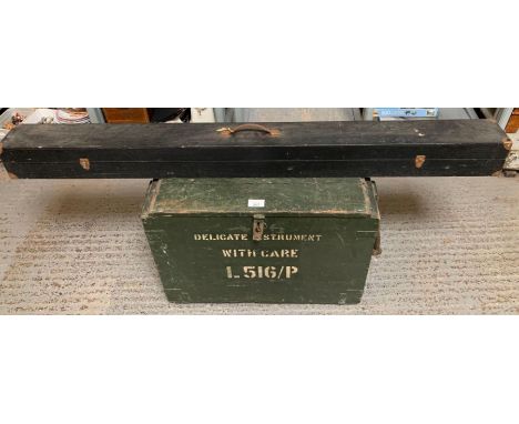 Film/cinema interest. Large wooden trunk to include a cased projector &amp; other projector equipment along with bulbs, a Cur