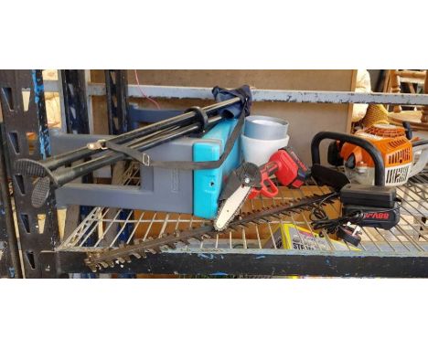 Stihl HS45 petrol hedge trimmer along with a cordless miniature chainsaw &amp; other garage equipment