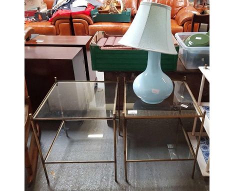 Pair of mid century brass &amp; glass 2 tier side tables along with a Casa Pupo ceramic table lamp