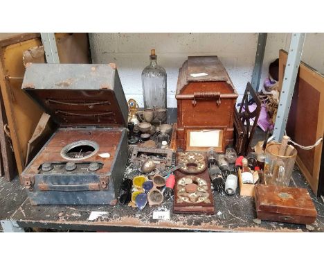 Decorative mahogany and brass book trough, radio valves, vintage sunglasses &amp; other collectables