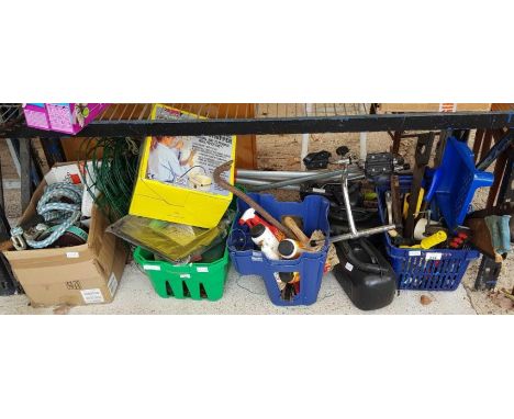 Large collection of garage equipment including hand tools, jerry cans, wallpaper stripper, towing rope