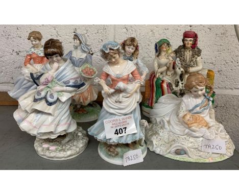 7 ceramic figures to include Coalport visiting day, old country ways shepherdess, Royal Worcester safe at last and others