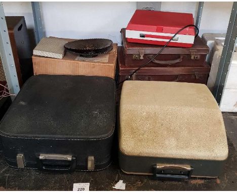 Shelf of items to include briefcases, cased typewriter etc