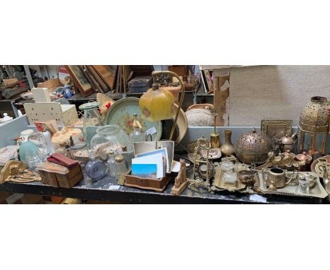 Collection of brassware, Bakelite table lamp, painted trays &amp; other collectables