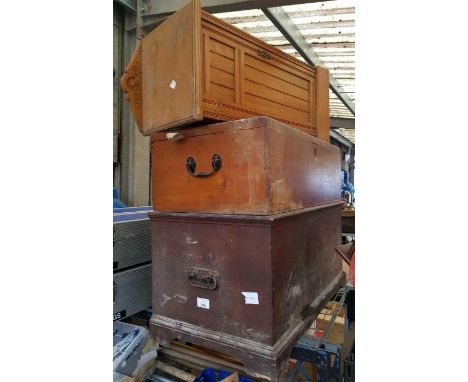 Victorian pine trunk, another 20th century pine trunk &amp; pot cupboard/bedside cabinet