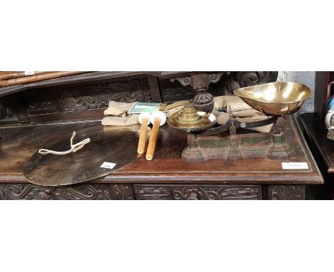 Large Chinese gong with 2 strikers, army pop out bed &amp; Bristol made scales &amp; weights