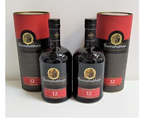 TWO BOTTLES OF BUNNAHABHAIN 12 YEAR OLD ISLAY SINGLE MALT SCOTCH WHISKYSmall batch distilled. both 70cl and 46.3% abv. Both i