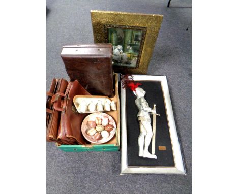 A relief panel depicting a knight together with a brass fire screen and a further box containing vintage leather luggage and 
