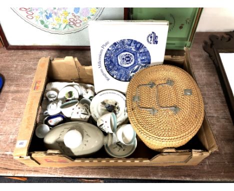 A box containing wicker cased Chinese tea ware, Thomas the Tank Engine Wedgwood nursery china, miniature teapots, Ringtons pl