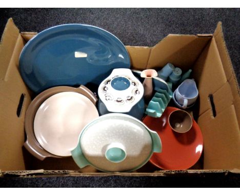 A box of miscellaneous Poole pottery dinner wares.