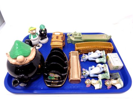 A tray containing Tom &amp; Jerry china figures, Wade Andy Capp toast rack, a pair of sifters, a teapot etc.