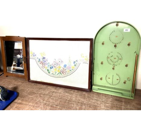 A tapestry tray, a vintage bagatelle and a dressing table mirror.
