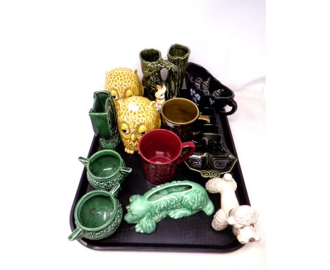A tray of Sylvac china, a ceramic toast rack, mugs, animal figures etc.