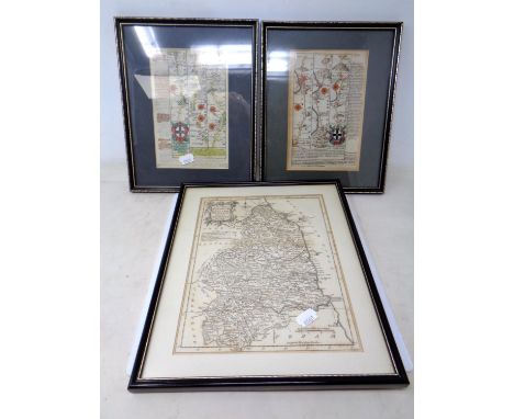 A framed black and white map of Northumberland together with two further hand coloured road maps of Northumberland.