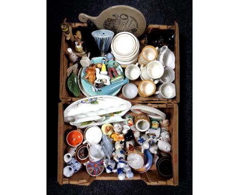 Two boxes of assorted ceramics, porcelain hand bells, coffee china, Radford pottery etc.