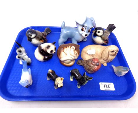 A tray containing Wade porcelain figure of a dog together with further animal figures including Goebel, Poole etc.