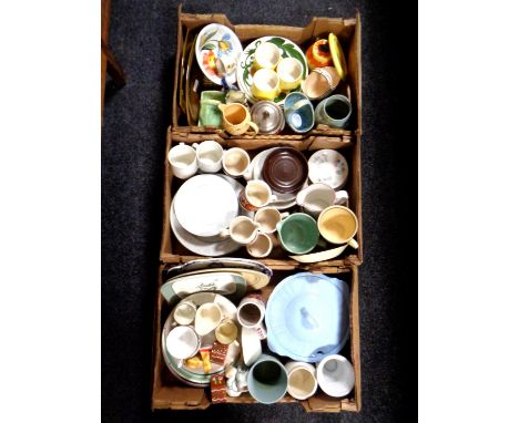 Three boxes containing miscellaneous china including lidded tureen, Wade Carltonware dishes etc.