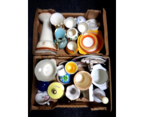 Two boxes of ceramics including mallet shaped decanter, Imari dishes, Radford china etc.