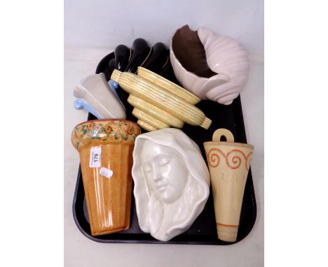 A tray of china wall pockets including Poole, a pottery wall mask etc.