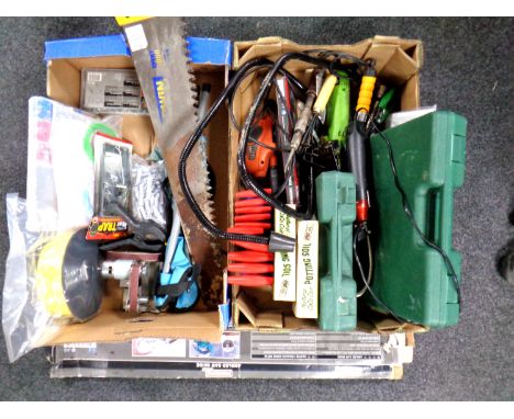 Two boxes containing assorted hand tools, power tools and gardening equipment etc.