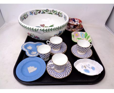 A tray containing assorted ceramics including Portmeirion bowl, Wedgwood trinket dishes, Russian coffee cups with saucers etc