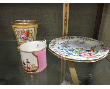 A pair of 'Dresden Britannicus' plates, a Davenport type yellow ground planter and a Coalport mug (4)  