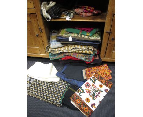 A quantity of Eastern textiles including shawls etc and some lace (two boxes)  