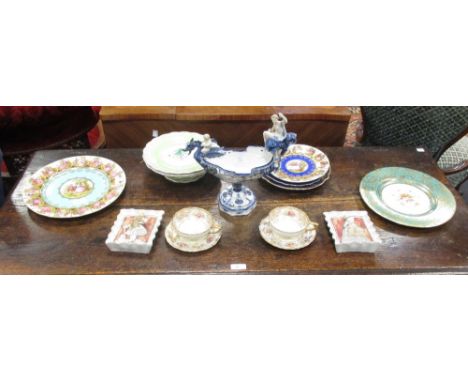 A Stizendorf figural centrepiece, a Vienna cabinet plate, two Worcester cups and saucers, and other decorative ceramics  