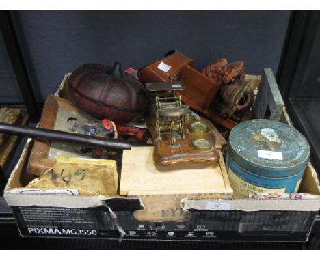 An early 20th century stereoscope viewer and a quantity of miscellaneous items, postal scales etc  