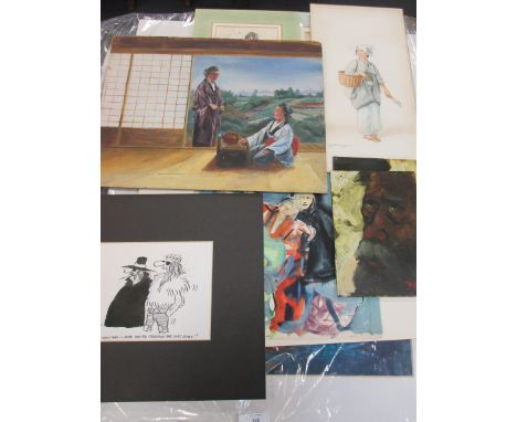 A collection of charicatures, figural studies and abstract designs, some bearing signatures, to include a study of a Lady goi