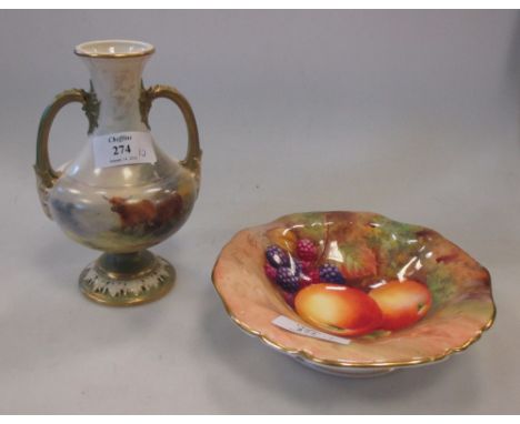 A Royal Worcester vase painted with cattle by Harry Stinton and a fruit painted dish (with damage) (2)  