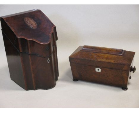 A George III mahogany knife box (lacking interior), and a burr walnut tea caddy (2)  