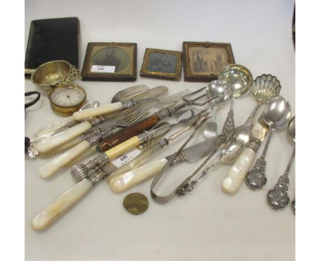 Three silver 'London Bulldog Society' teaspoons, early 20th century, and assorted plated flatware and implements; also three 