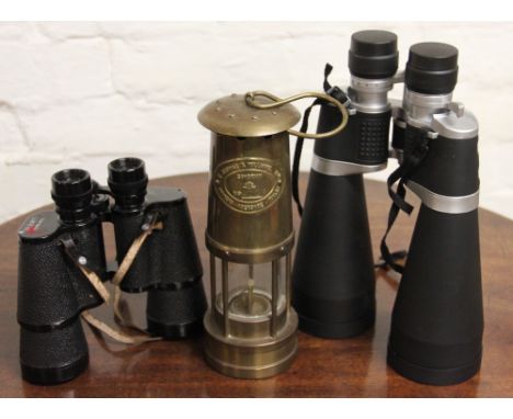 A brass Davy lamp by Thomas & Williams, No 9009 Cambrian; a pair of Horizon 12x-60x70 binoculars and a pair of Silraft binocu