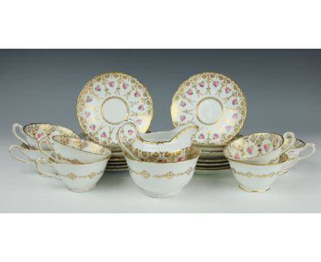 An assembled Rose and gilt decorated tea service, makers to include Maple & Co London, comprising seven teacups, eight saucer