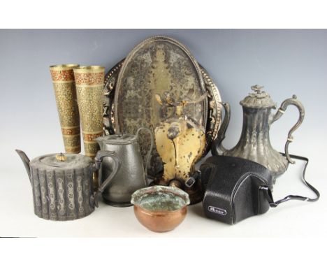 An assortment of metal wares, to include a Victorian pewter coffee pot, a vintage camera, taper sticks, vintages scales, a pe