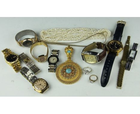 A quantity of costume jewellery and watches, to include; a freshwater pearl necklace, two rings and a selection of wristwatch