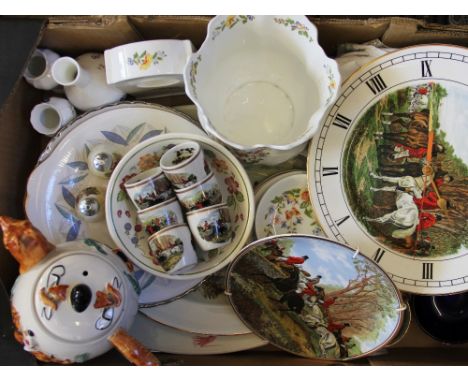 A large assortment of decorative ceramics to include; a hunting moulded novelty teapot, Ainsley, Myotts 'Country Life' patter