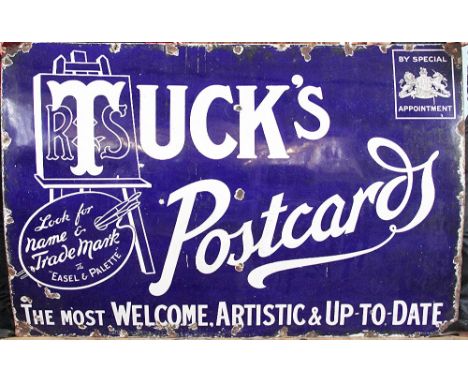 A large Tuck's Postcards blue and white vitreous enamel sign, modelled as a postcard, with 'Special Appointment' faux stamp, 