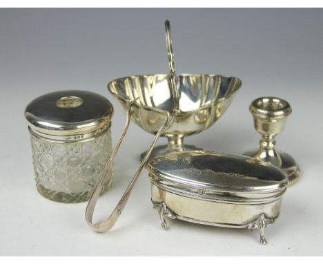 A selection of silver to include; an Edwardian silver sugar basket, Birmingham 1909, a pair of EPNS sugar nips,  a silver jew