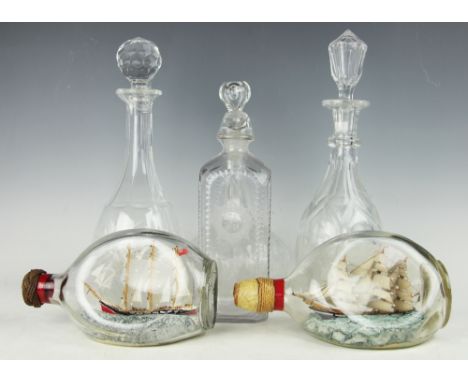 A selection of glass ware, to include; two ships in vintage dimple bottles to include a Haig's example, 19.5cm wide, a bollec