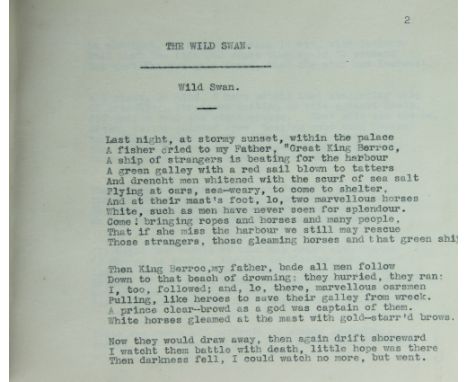 MASEFIELD (J), THE WILD SWAN, authors typed manuscript copy, dedicated on the title page 'For Sybil-Heriz Smith, the first Wi