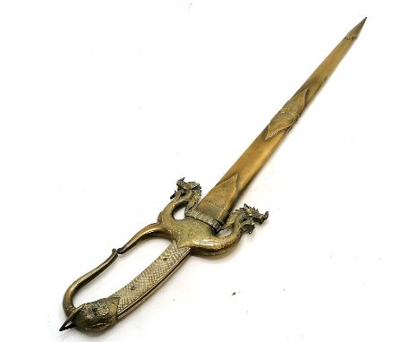 Antique Javanese ivory and brass handle sword with sheath. The handle has 2 rams heads and an elephants head all with cabocho