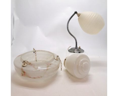 Art Deco chrome lamp base with adjustable shade, some deterioration to the chrome, needs re-wiring t/w a glass ceiling shade 