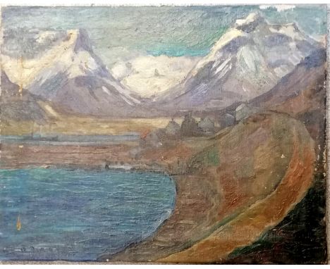 Unframed oil painting on canvas of a Canadian bay &amp; mountains signed R Pilot - 64cm x 50cm ~ has some losses to paint 