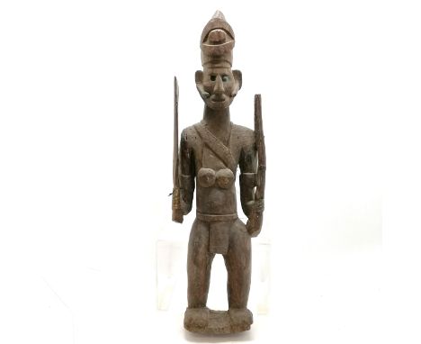 Large scale ethnographical carving of a tribal figure holding gun &amp; machete - 80cm high ~ has losses