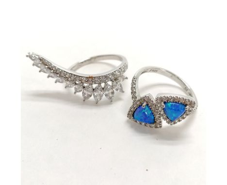 2 x silver rings set with CZ inc opal doublet (both size N½) 