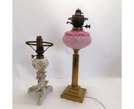 Continental converted 'Meissen'? figural lamp base as found, old break to foot, crack to body and loses 37cm high t/w convert